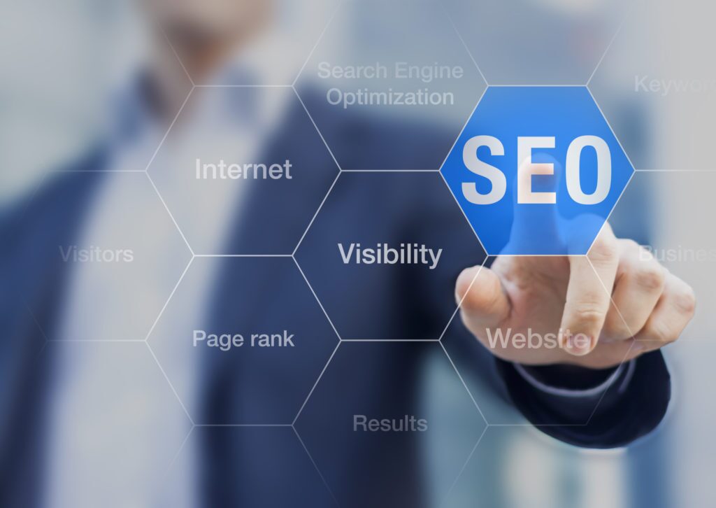 Search Engine Optimization consultant touching SEO button on whiteboard Significant improvement in SEO